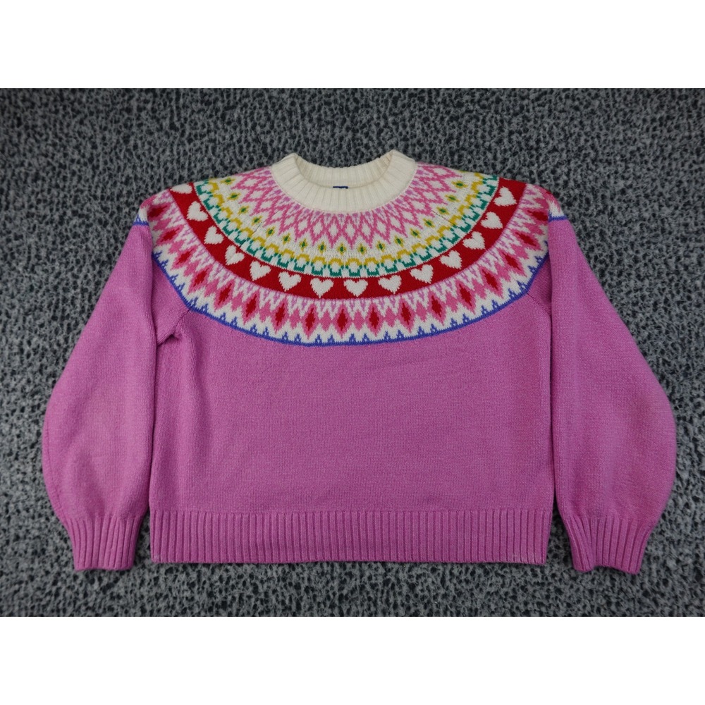 Old Navy Fair Isle Sweater Girls XL 14-16 Pink Good Mock Neck Heart Pattern Knit